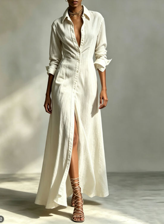Rice White Texture Waist Cinched Slit Long Shirt Dress