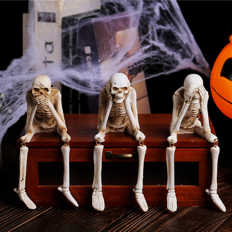 Halloween Skeleton Figurines Set Of 3, Resin See No Evil Hear No Evil Speak No Evil Skeleton Statues, Gothic Shelf Tabletop Mantel Indoor
