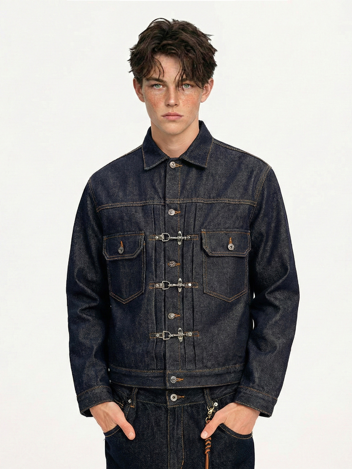 Dark Indigo Metal Hook Closure Utility Denim Jacket