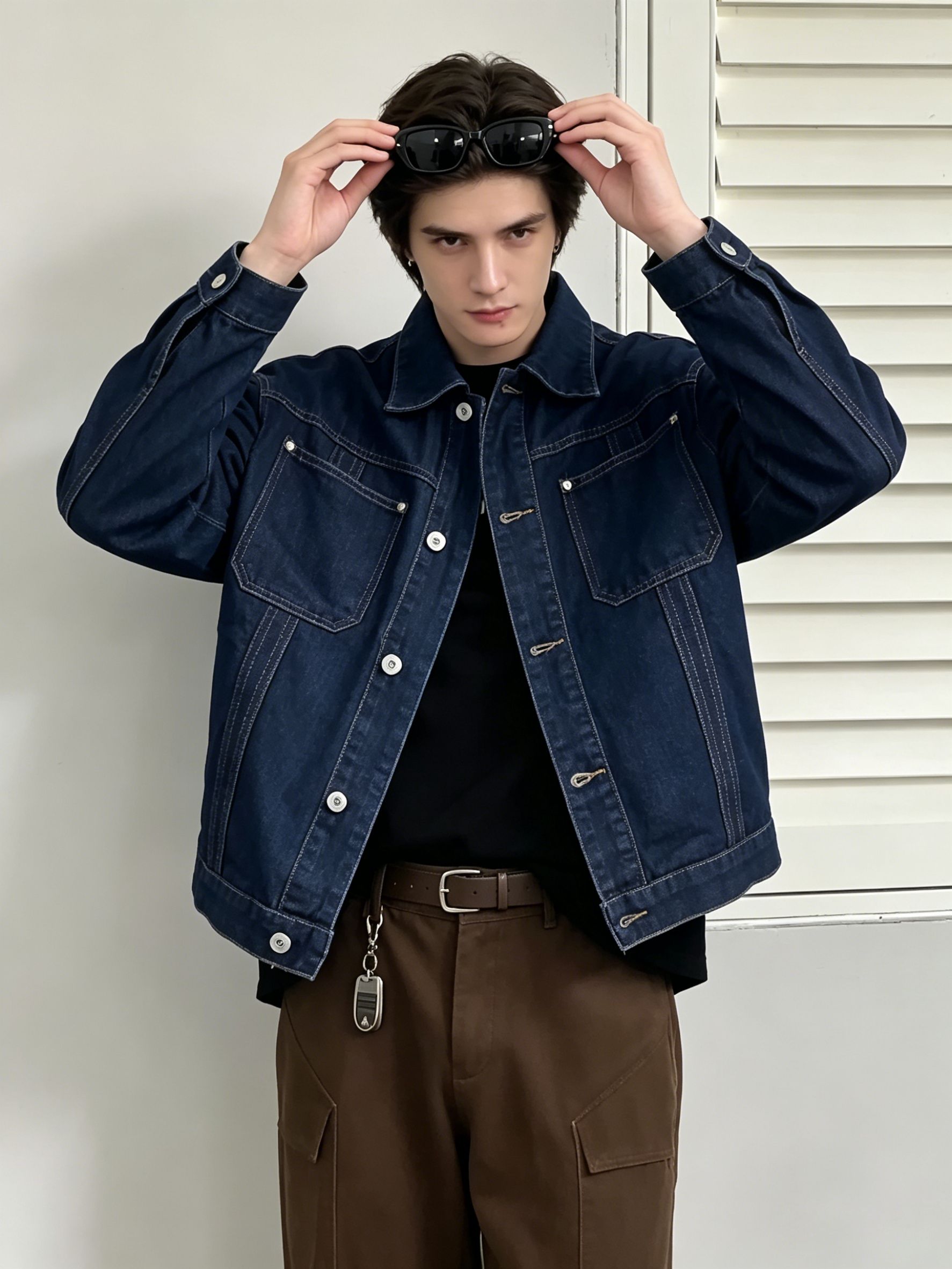 Dark Indigo Denim Jacket Men Multi Pocket Casual Jean Jacket Contrast  USA Warehouse Stock