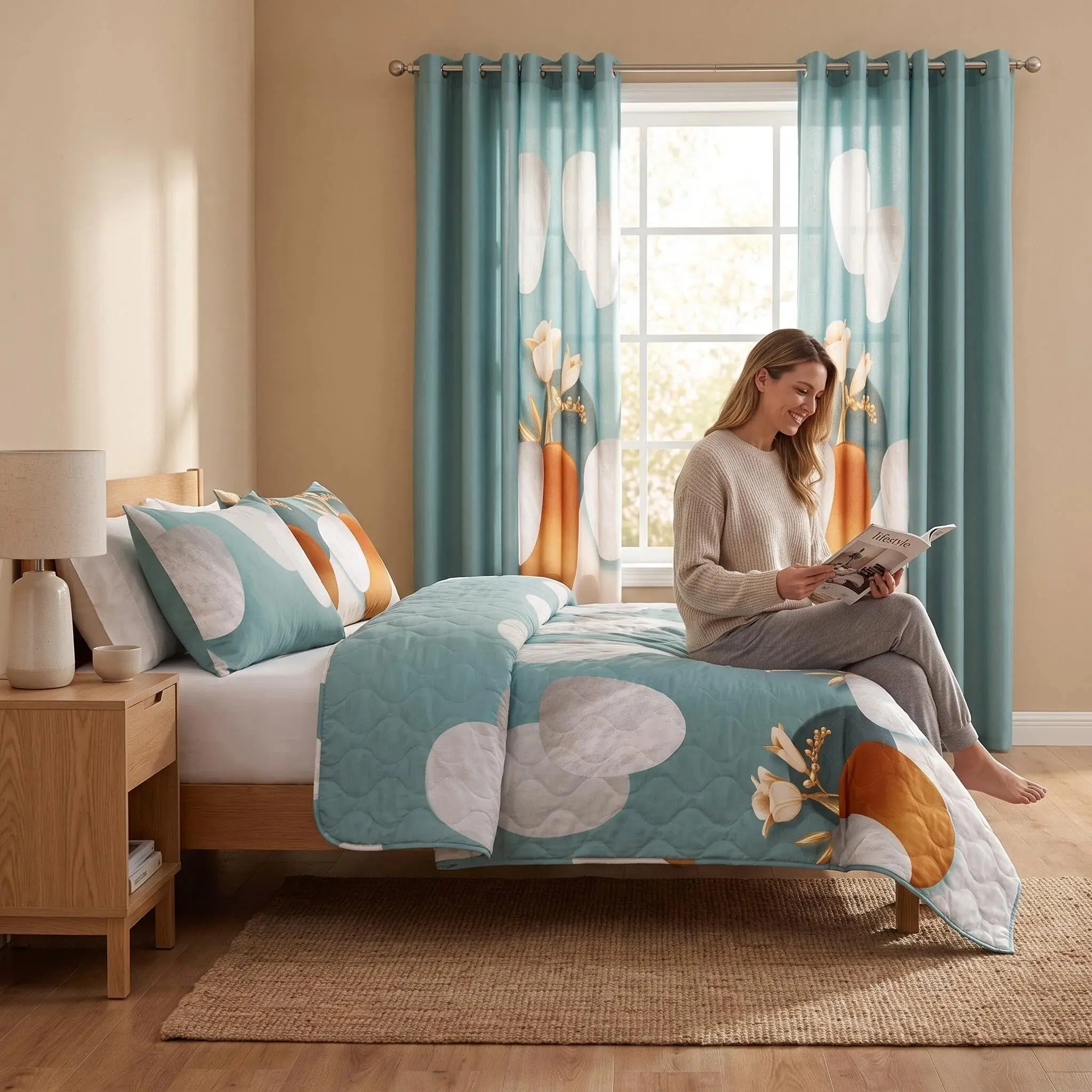 9-Piece Green Dot Quilted Bedspread And Curtain
