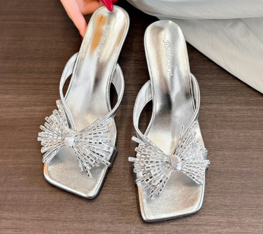 2026 New Crystal Firework Fairy Shoes, Block Heel Slide Sandals For Women, Stylish Elegant One-Strap Slippers For Outdoor Wear