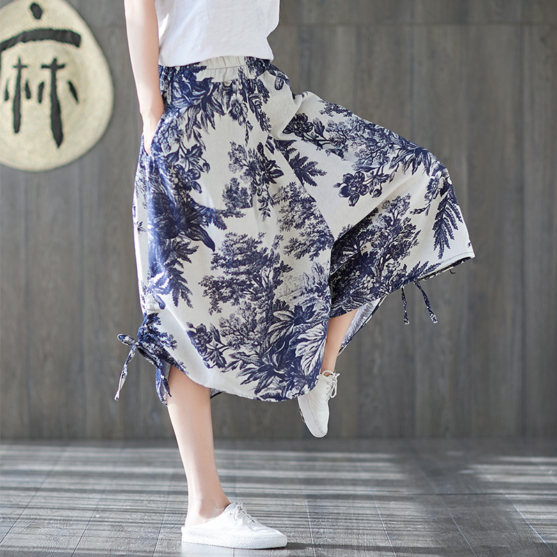 Title 14, Damen-Bloomers aus Baumwollleinen mit Ethno-Print