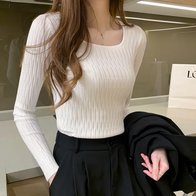 Women's Knitted Bottoming Shirt With Western Style Low Collar White - Shop at LoveMi