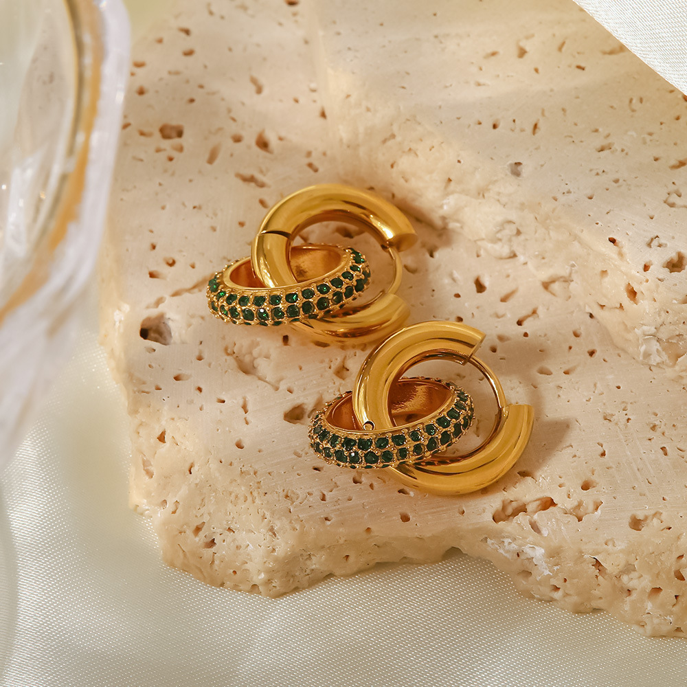 Titanium Steel Plated 18K Gold Micro Inlaid Whitegreen Zirconium Oval Detachable Earrings