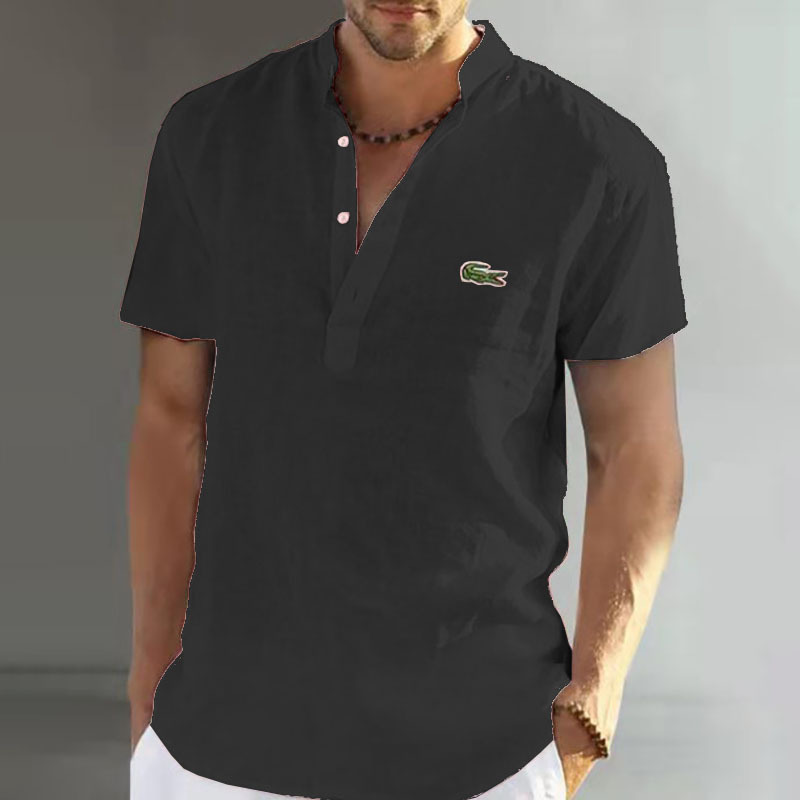 Title 7, T-shirt uomo casual manica corta in ramie ricam...