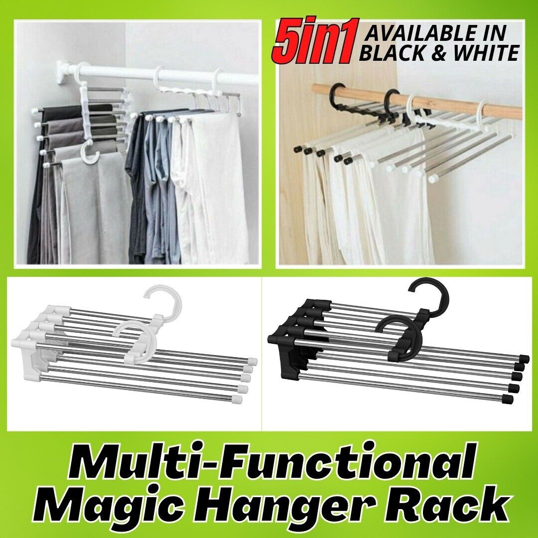 Magic Metal Hanger Closet Space Saver Organizer shipping inside the US USPS First Class Package handling 2 Day Handling 2-5 Day Shipping 5 in1 Multi-functional Pants Rack Shelves Stainless Steel Wardrobe Magic Hanger by KT Deals RANDOM COLOR WHITE/BLACK S