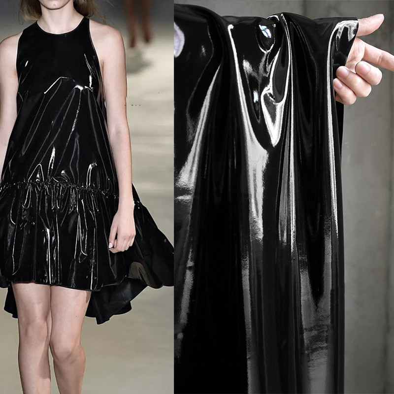 High Gloss Sparkling Stretch Leather Lacquered Tpu Waterproof Clothing Fabric Black 50Cm - Shop at LoveMi