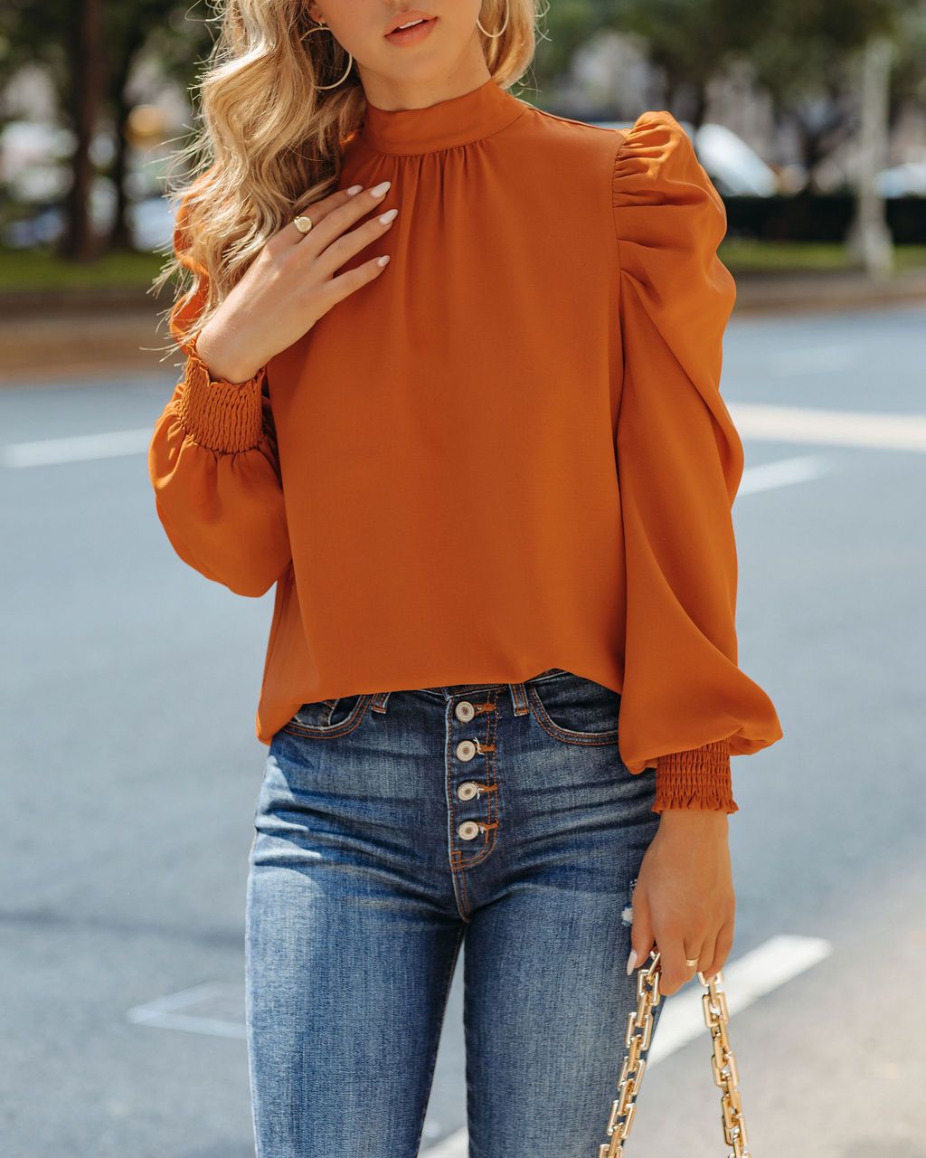 Casual Patch Turtleneck Elasticized Long Sleeve Blouse Top