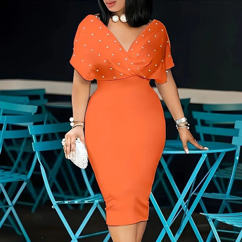 Women's Elegant Deep V Neck Wrap Bodycon Dress Back Zipper Pencil Midi Dress - Image 17