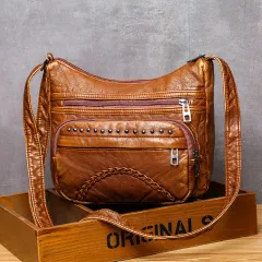 Washed Leather One Shoulder Casual Crossbody Bag - Brown - View 1