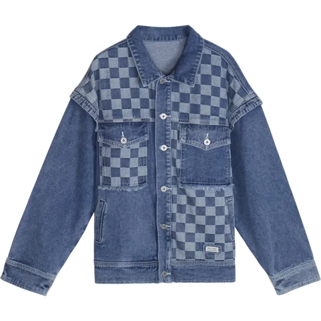Women's Checkerboard Stitching Denim Jacket Blue - Shop at LoveMi
