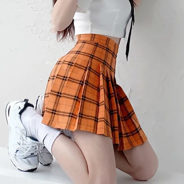 Women's High Waist Slim Plaid Pleated Skirt Orange - Shop at LoveMi