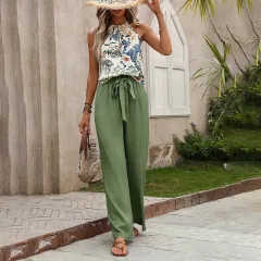 Women's Outfits Summer Casual Sleeveless Halter Neck Crop Tops Wide Leg Pants Set - Green B - View 1