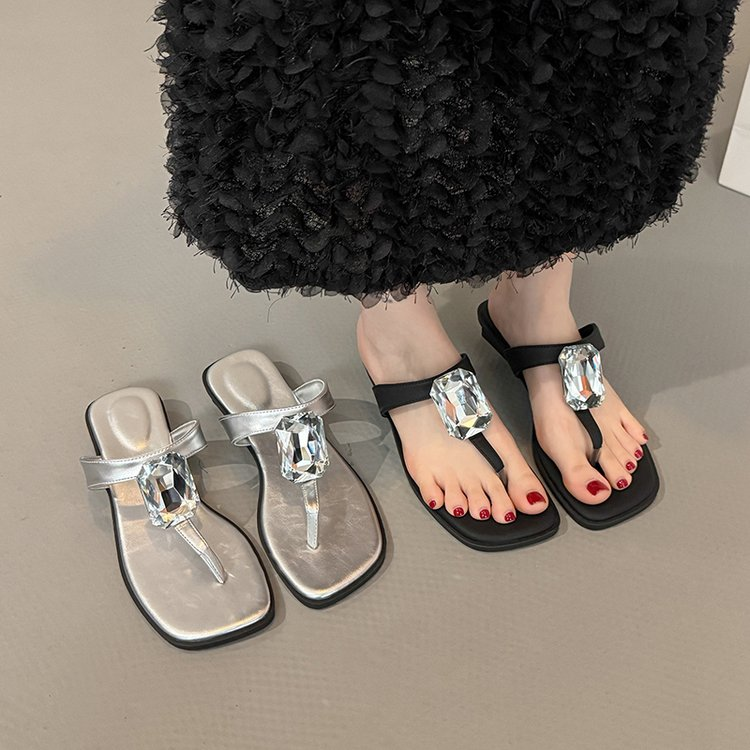 Oversized Crystal, Square Toe, Thong Sandals, French Glam, Low Block Heel, Slides thumbnail 1