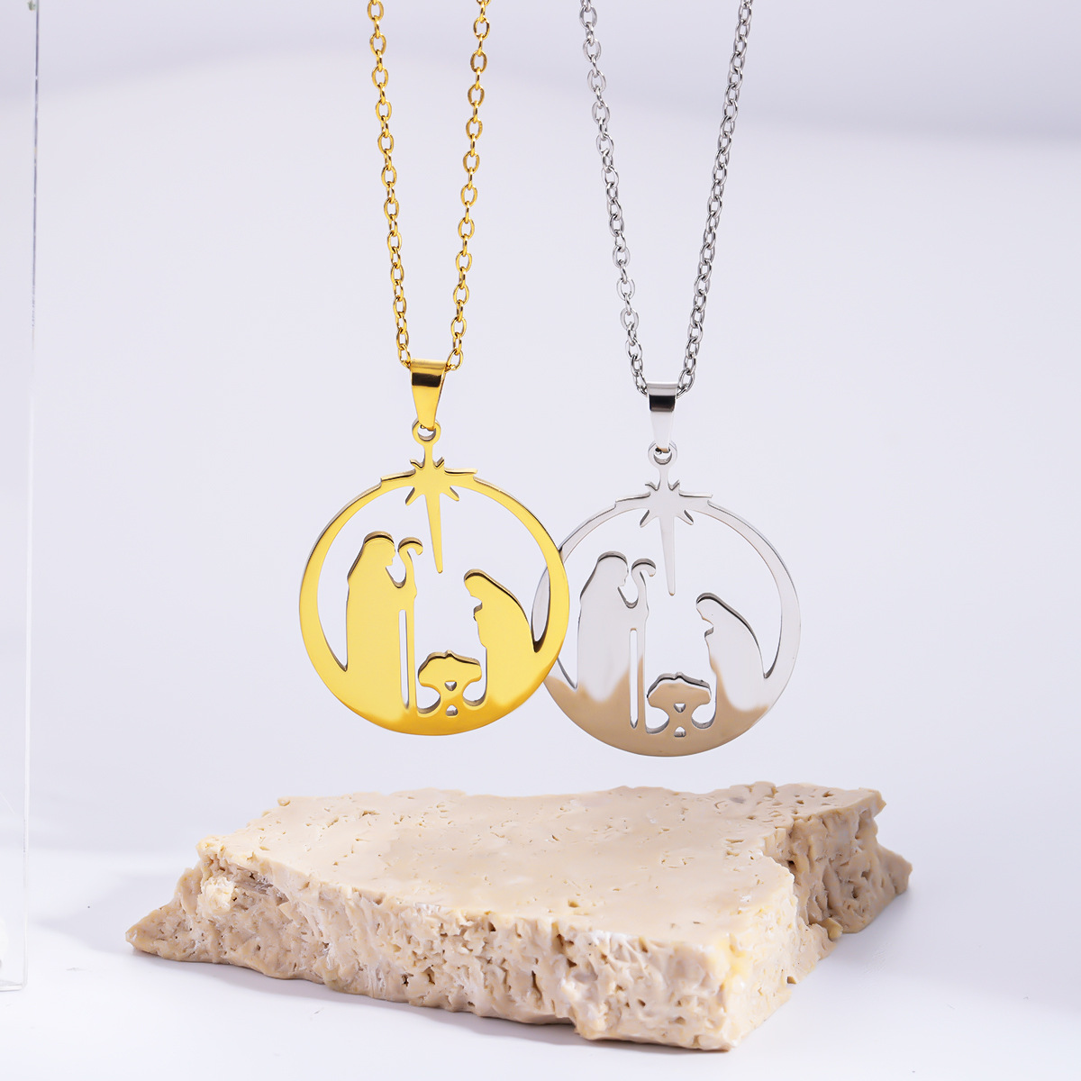 Stainless Steel Praying  Hollow Circle Pendant Necklace, Stylish Niche Design, Elegant High-End Jewelry