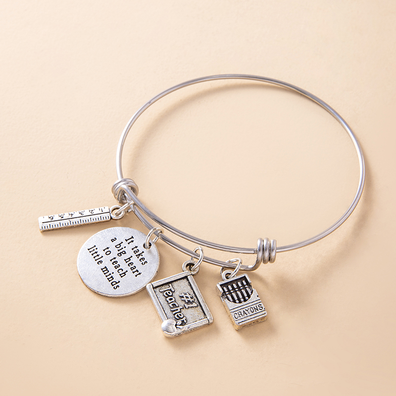 Creative Silver Ruler Crayons Charms Inspirational Bracelet Vintage Stainless Steel Adjustable Bangle Teacher's Day Gift - Jewelry & Watches