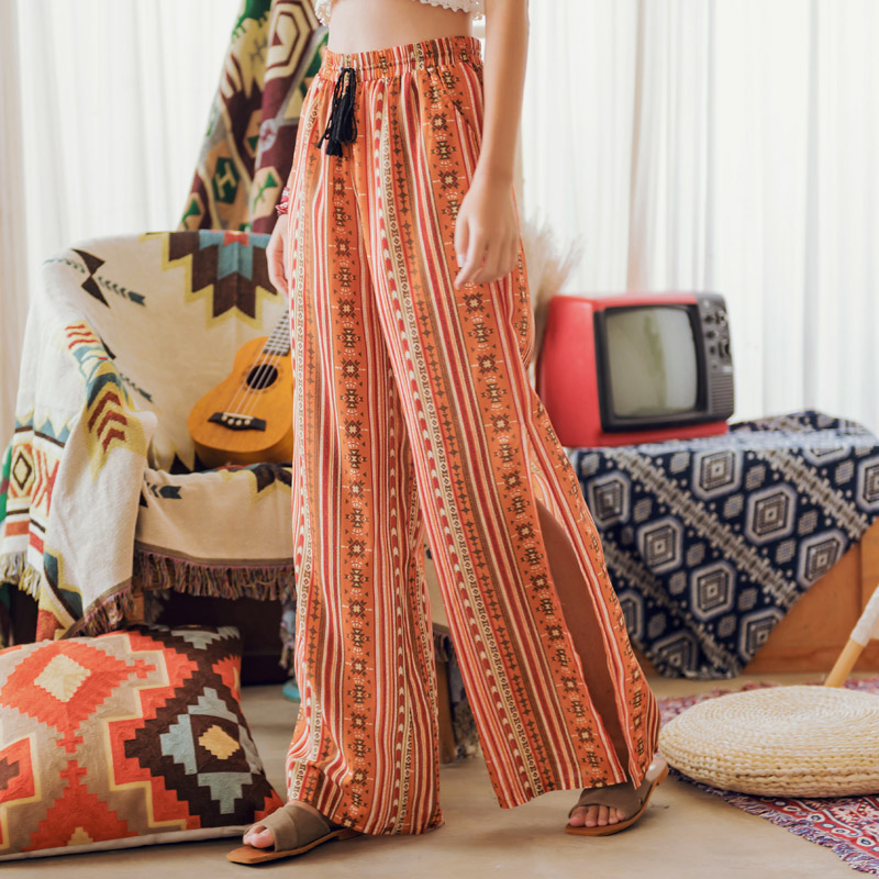 Women's Bohemian Slit Loose Wide Leg Pants Orange - Shop at LoveMi