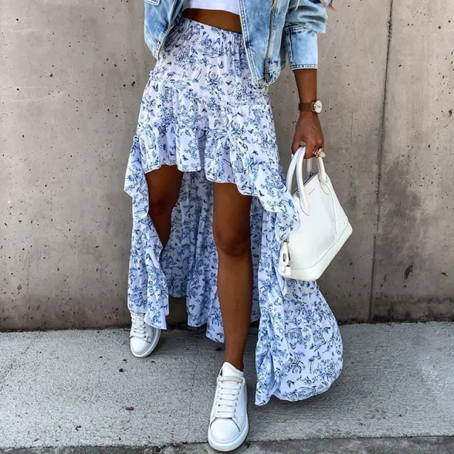 Elegant Printed Women's Irregular Skirt Blue - Shop at LoveMi