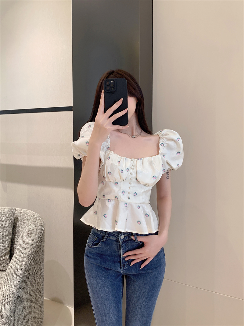 Square Neck Embroidered Bubble Sleeve Shirt For Women
