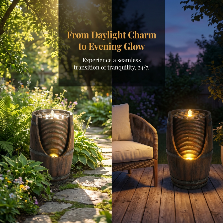 Outdoor Barrel Water Fountain With Lights Rustic Wood Look Resin Handmade Waterfall Garden Decor For Patio Yard Porch — foto 7
