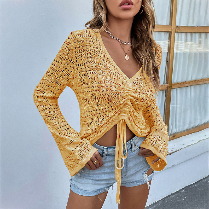V Neck Drawstring Flare Sleeve Sweater Yellow - Shop at LoveMi