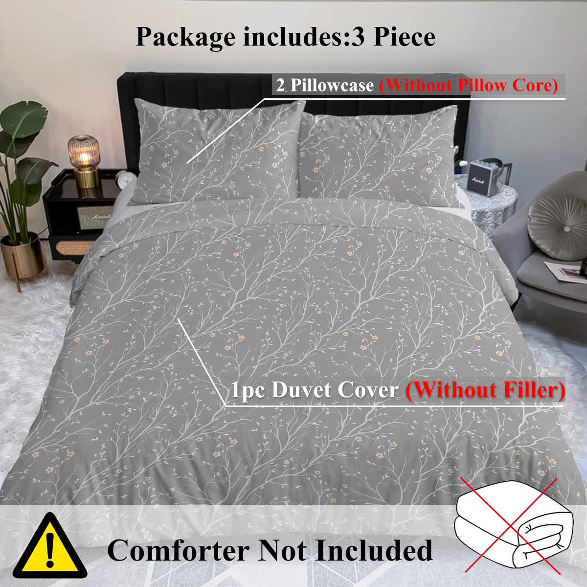 Grey Bed Set, 3 Pieces Branches Bedding, 1 Soft Reversible Botanical Flowers Comforter And 2 Pillow Shams