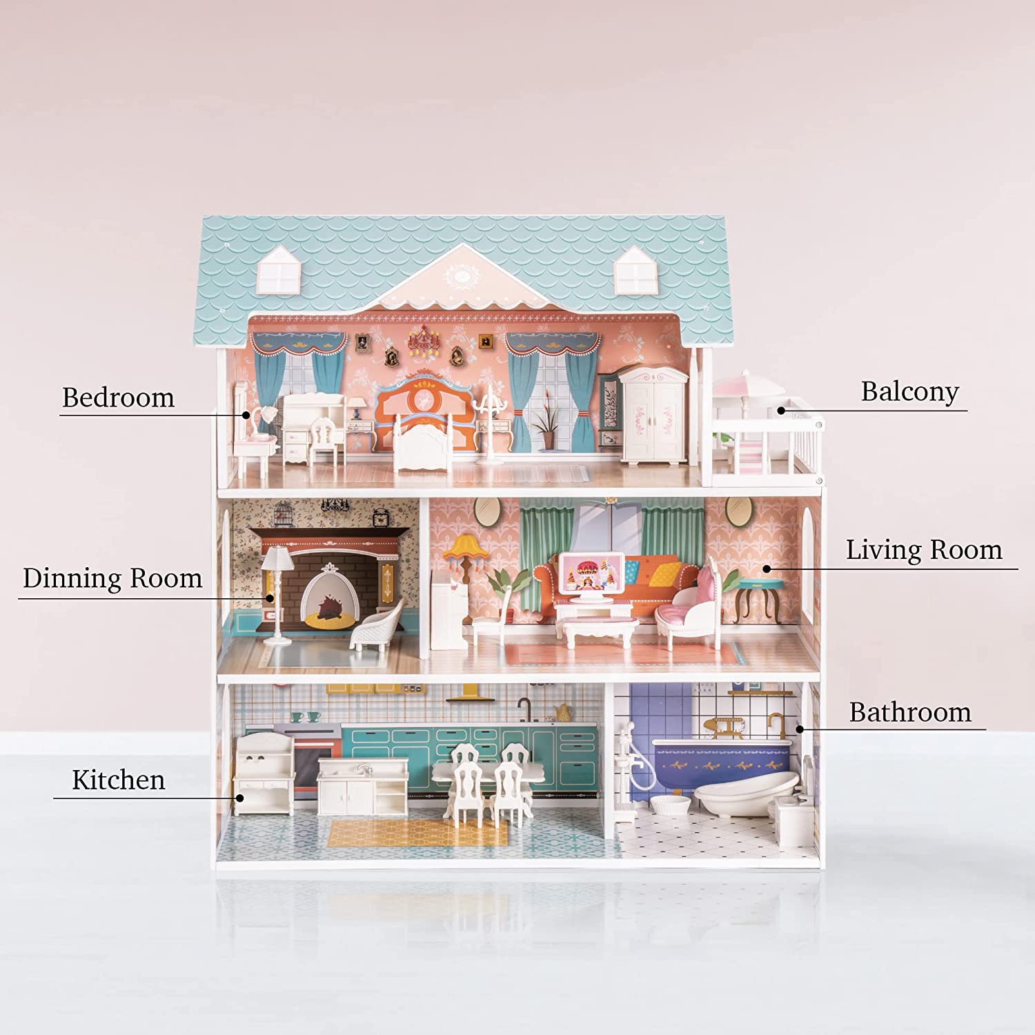 Wooden Dollhouse For Kids Girls Toy Gift. Features: Dreamhouse Dollhouse with Furniture & Accessories Features, Girl's dream dollhouse-Realistic Design and fun game experience, The interior is very colorful and illustrated with much detail, Sturdy and dur