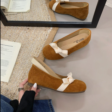 Women's Flats 2026 New Arrival Bow Round Toe Shallow-Cut Gentle Style Flat Soft Sole Pink Casual Mary Jane Shoes