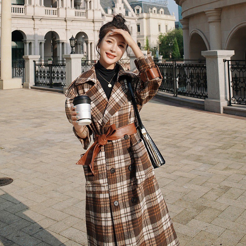 Retro Hit Color Plaid Woolen Coat Jacket Women