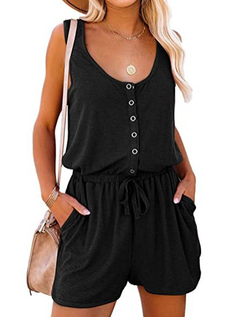 Sleeveless Jumpsuit With Waist Tie, Casual Loose Wide leg Short Pants Black - Shop at LoveMi