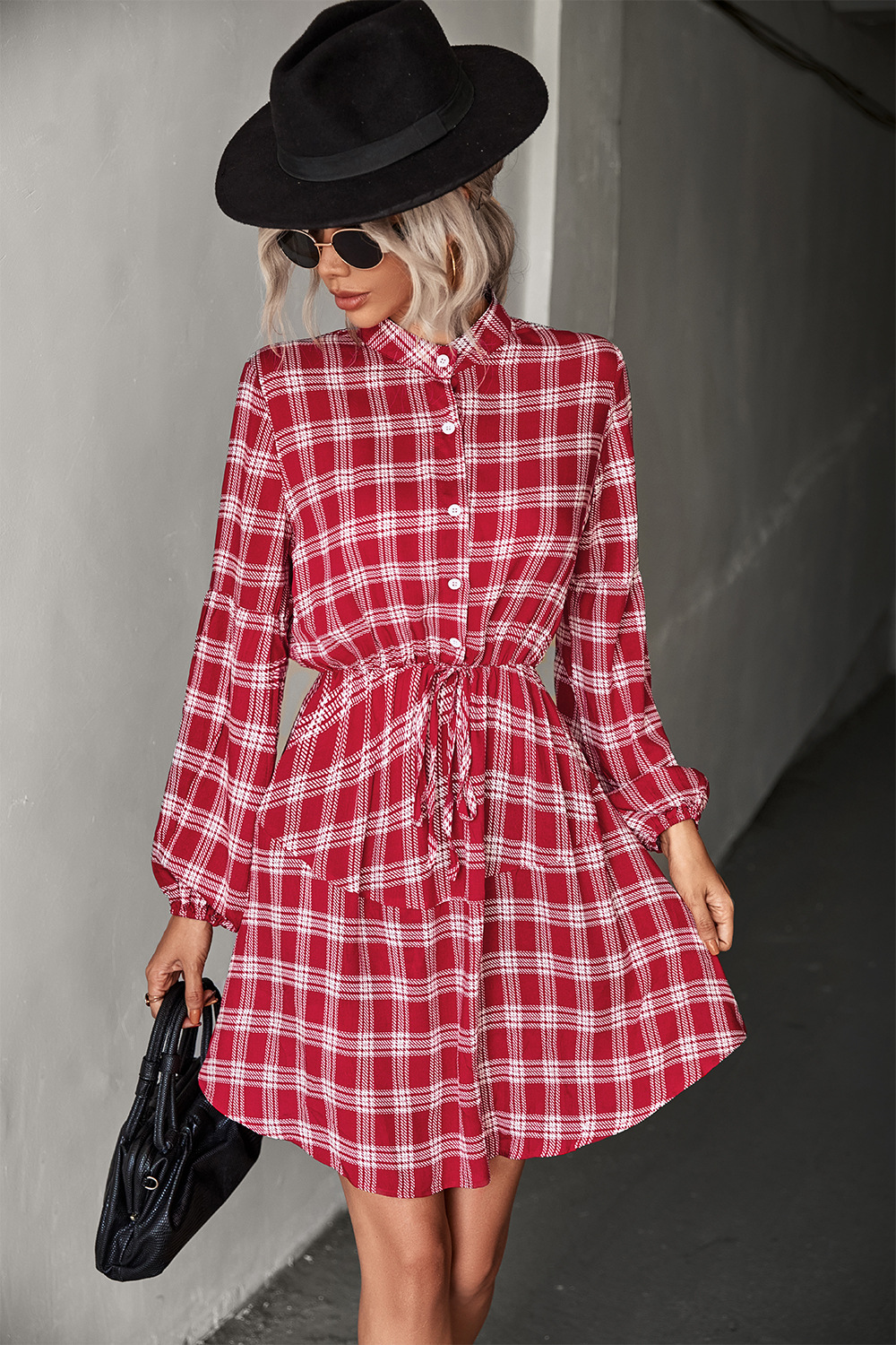 Plaid Band Collar Drawstring Shirt Dress