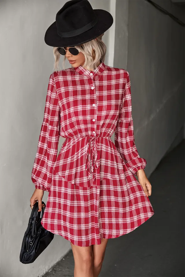 Plaid Band Collar Drawstring Shirt Dress Red - Shop at LoveMi