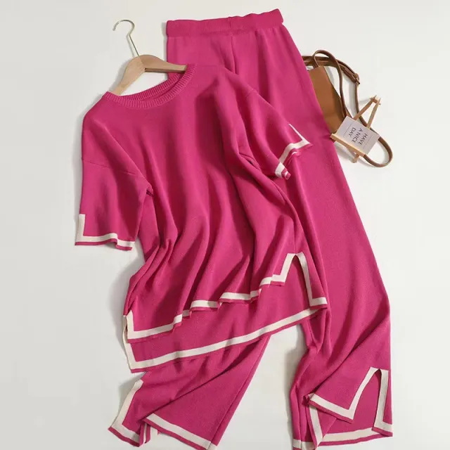 Short sleeved Sweater Wide leg Pants Suit Rose - Shop at LoveMi