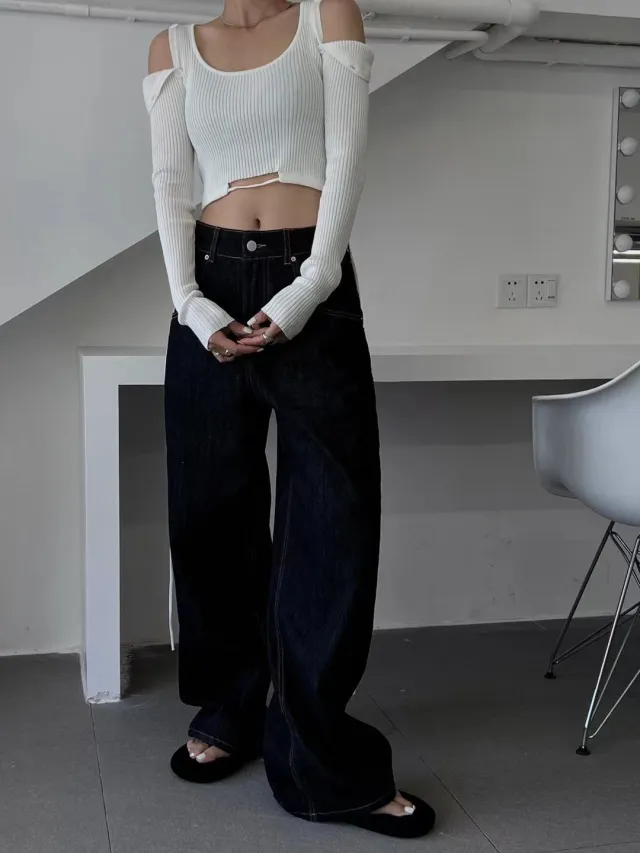 Square Neck Button Digging Strap Navel Long Sleeves White - Shop at LoveMi