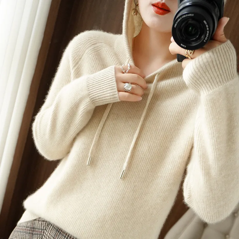 New Hooded Thickened Knitted Hoodie Loose Women - Velvet Rice