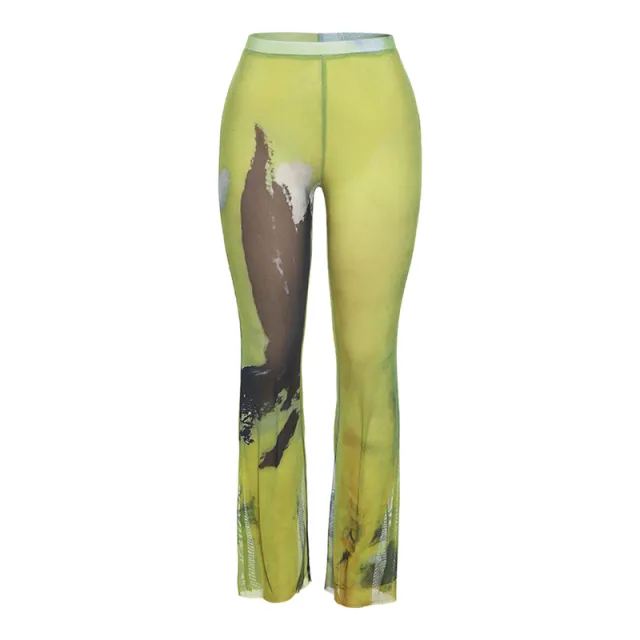 Summer New Mesh Printing Breathable High Waist Hip Lift Slim Casual Pants Green - Shop at LoveMi