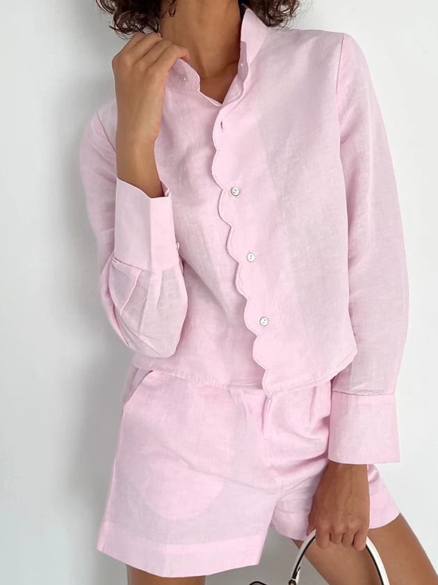 Women's Fashion Casual Long Sleeve Shirt High Waist Shorts Suit