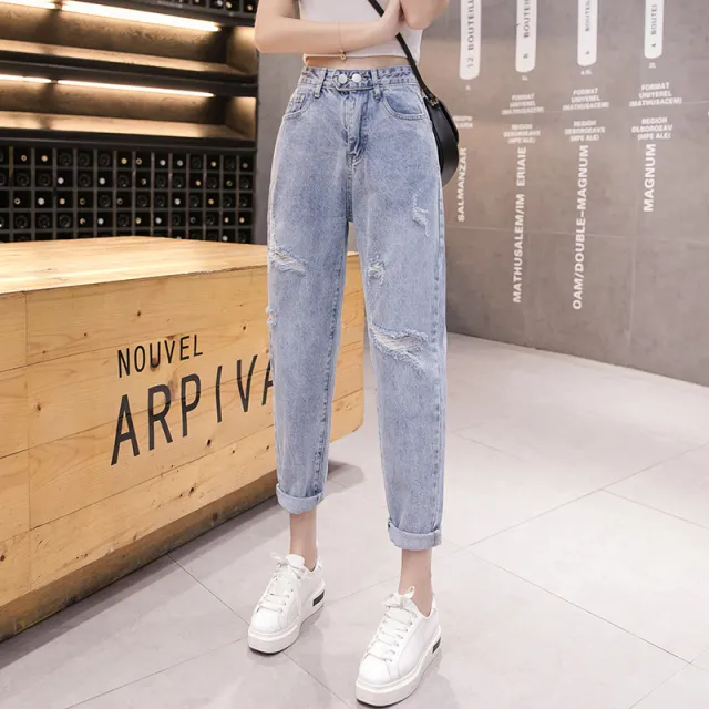 Ladies New Straight High Waist Loose Ripped Jeans - Shop at LoveMi