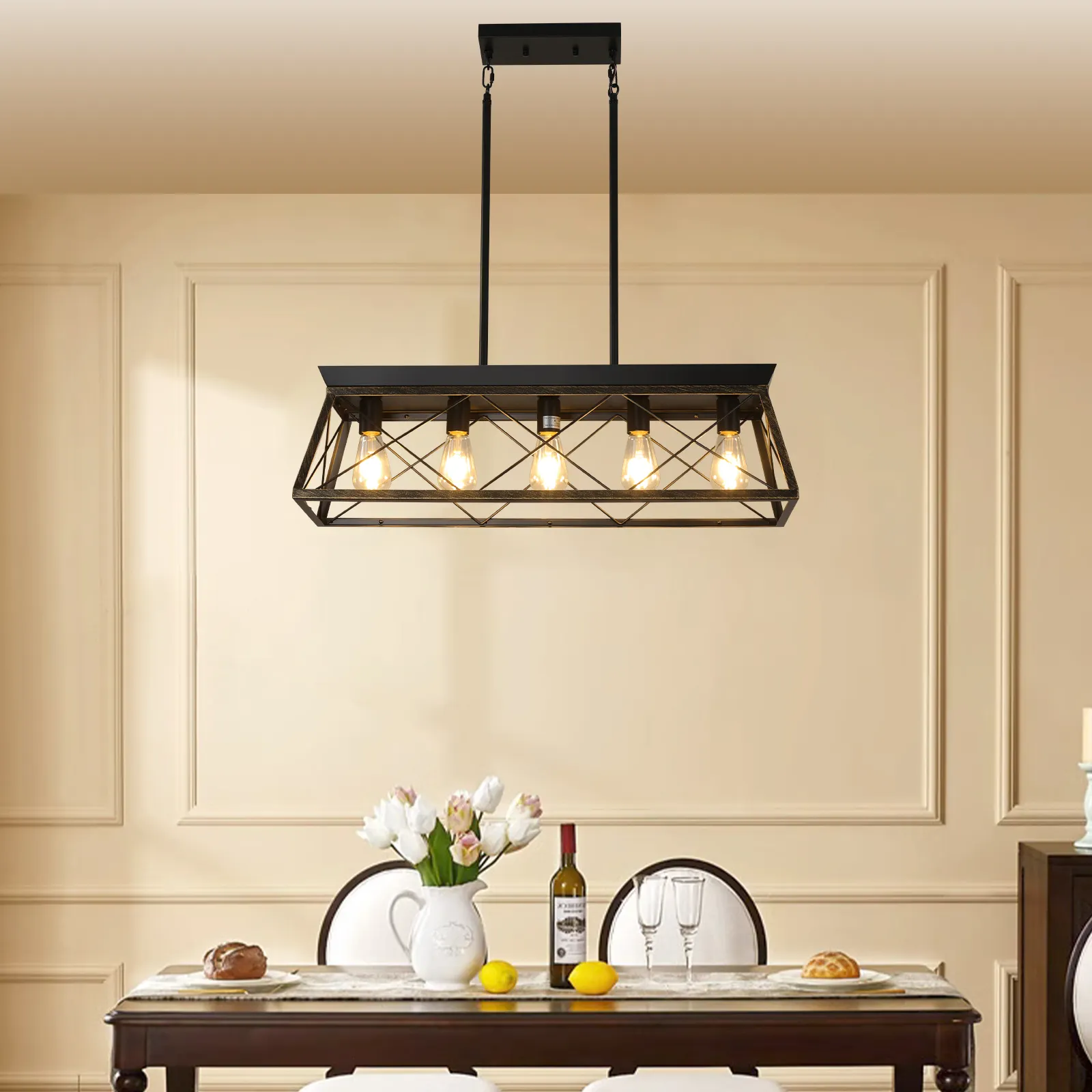 32in Black Gold Industrial 5-Light Pendant Chandelier