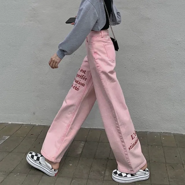 Letter Embroidered Straight Trousers Autumn Loose Wide Leg Pants Pink - Shop at LoveMi