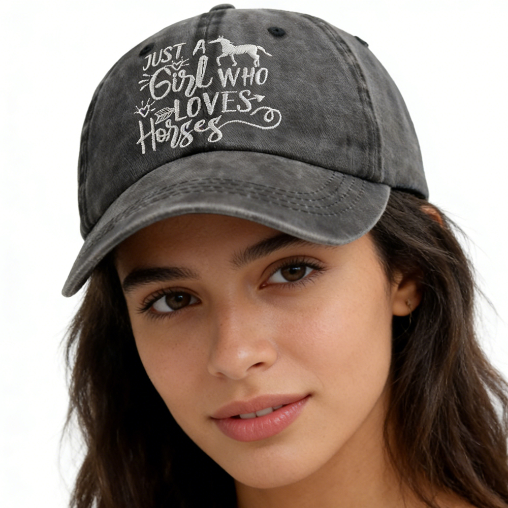 Girl Who Loves Horses Hat For Men Women, Adjustable Embroidered Wash Cotton Baseball Cap