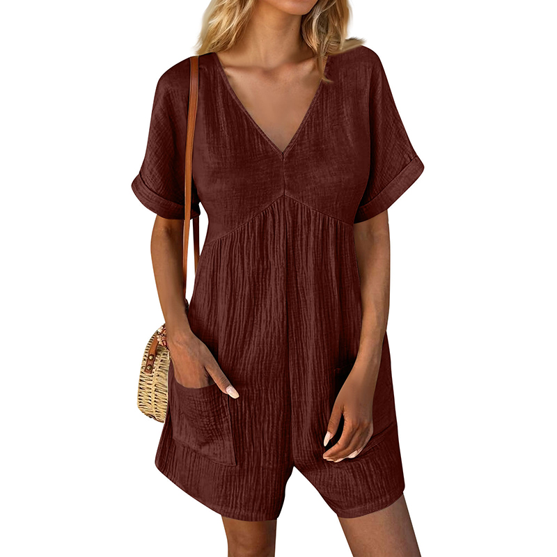 Damen Sommer Strampler Freizeit Kurzarm V-Ausschnitt Kurz Overalls mit Taschen - Bild 4 von 13