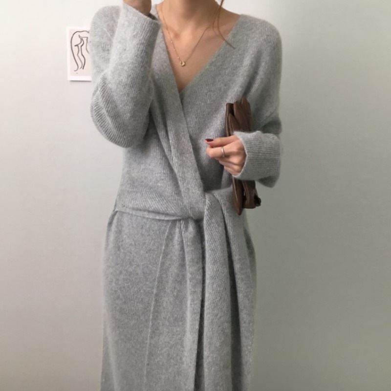 Elegant Temperament V-neck Cross-tied Wide Loose Dress Women