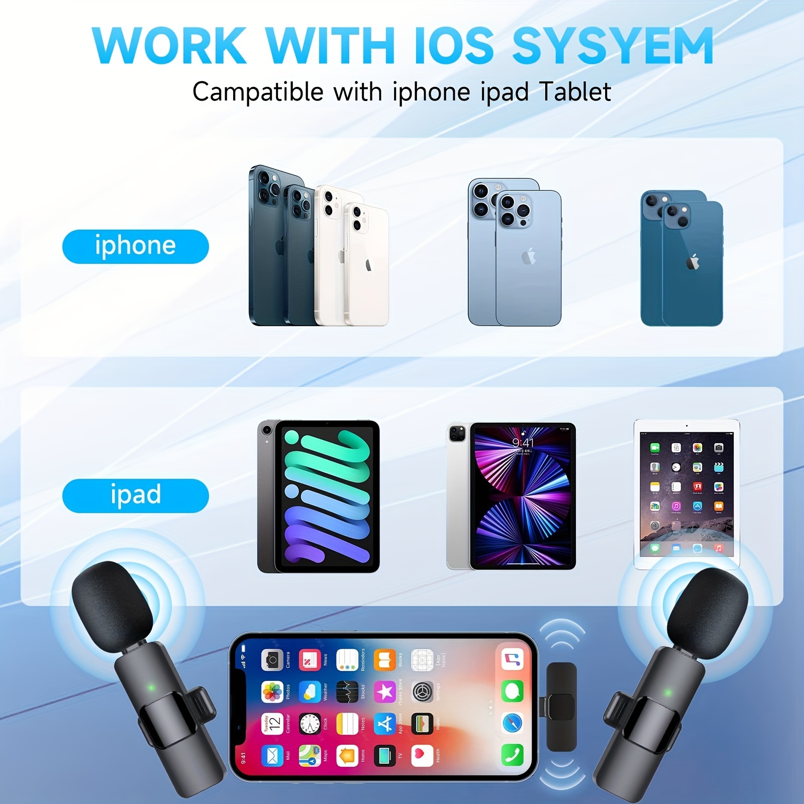 Wireless lavalier lapel microphone for iPhone iPad - professional clip mic - cordless omnidirectional condenser recording mic for interview video podcast vlog YouTube