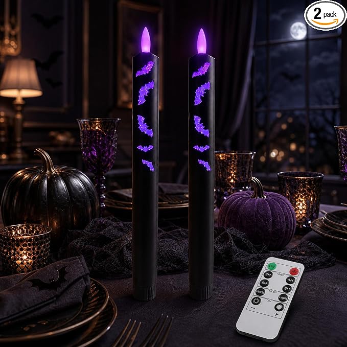 2-Pack 9.8-Inch Black Halloween Flameless Taper Candles With Remote Control And Timer