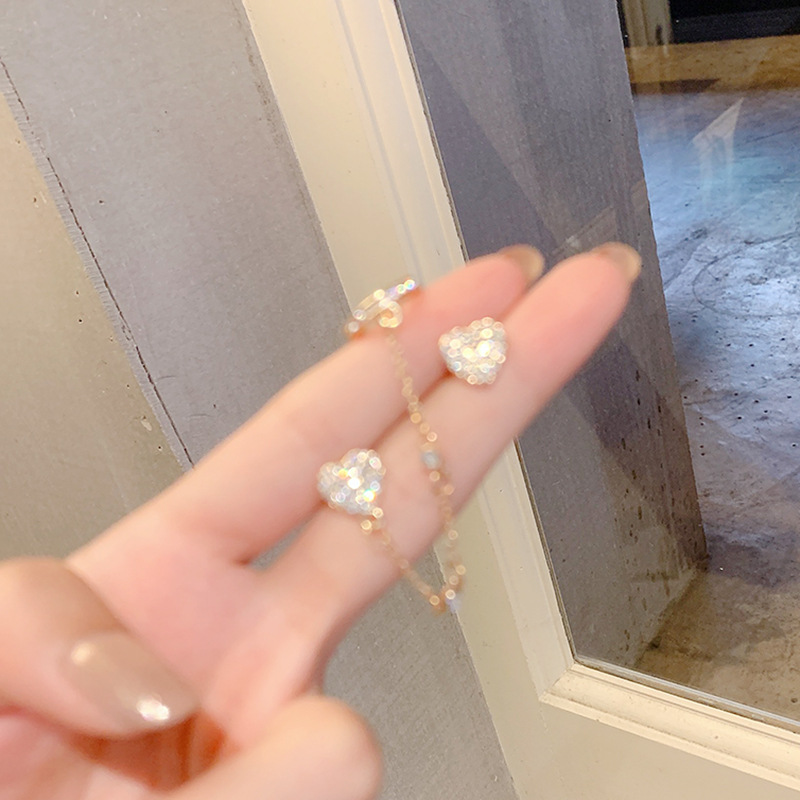 Love Tassel 925 Silver Needle Rhinestone Ear Clip Ear Studs