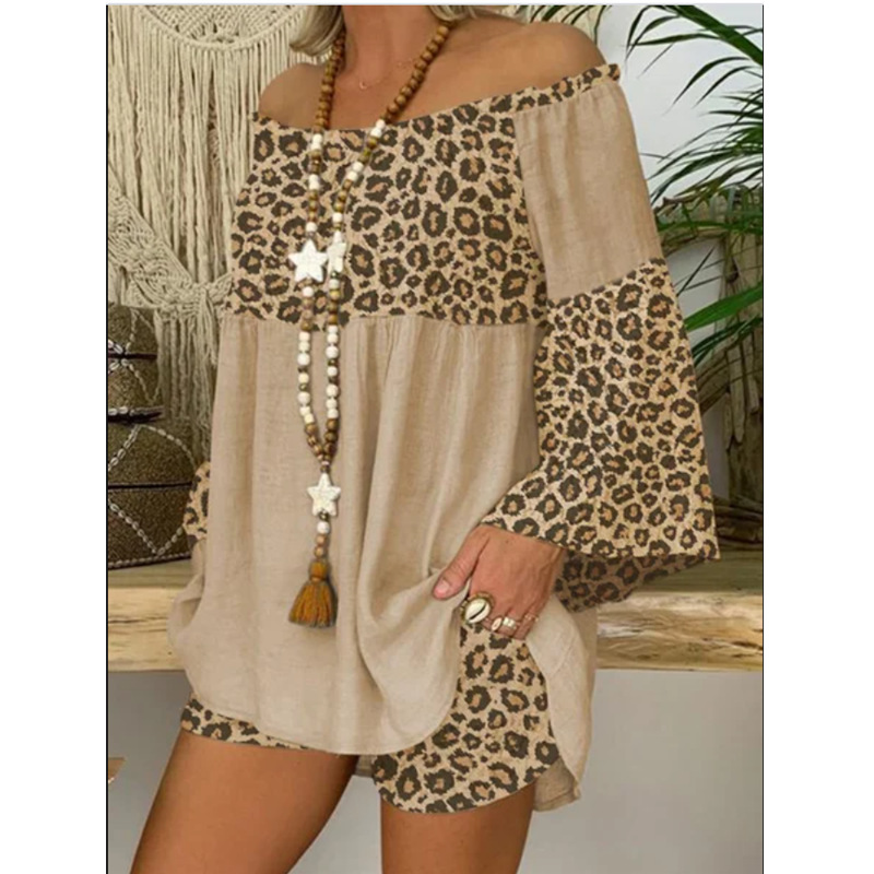 Women's Fashion Leopard Print Patchwork Loose Cotton Linen Suit