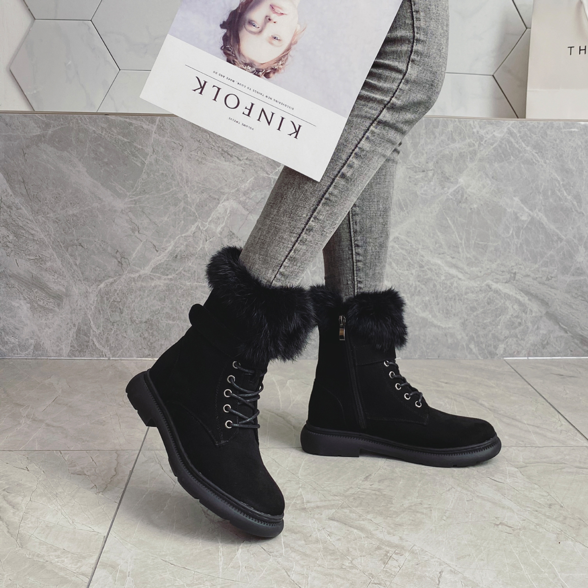 020 Winter British Snow Boots Women Plus Velvet Thick Rabbit Fur