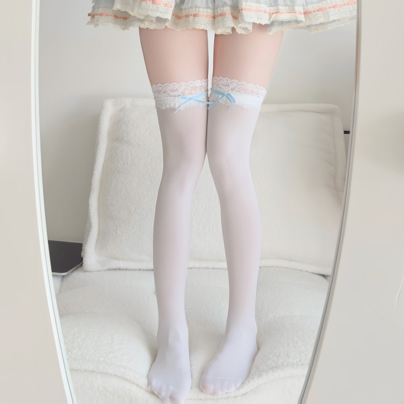 Coquette Thigh High Socks, White Lace Top Socks With Light Blue Bow, Sweet Kawaii Over-the-Knee Socks For Lolita & Balletcore Style
